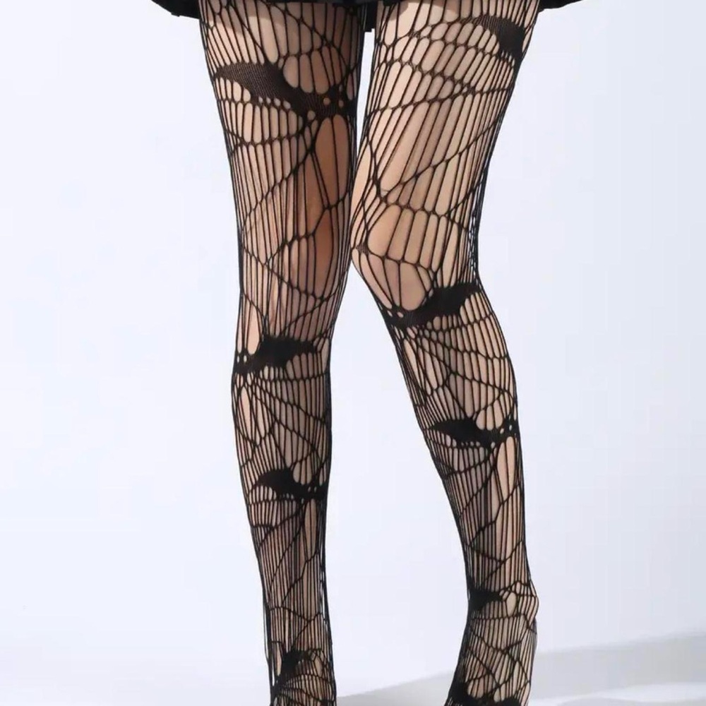 Black Bat Patterned Fishnet Tights, High Waist Footed Pantyhose One Size - Picture 8 of 11
